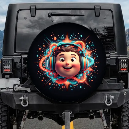 Cartoon Face Oversized Headphones Music Waves Notes - Music Lover Gift Spare Tire Cover