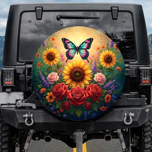 Iridescent Butterfly Golden Sunflower Rose Wildflower Garden Nature Lover Gift Spare Tire Cover