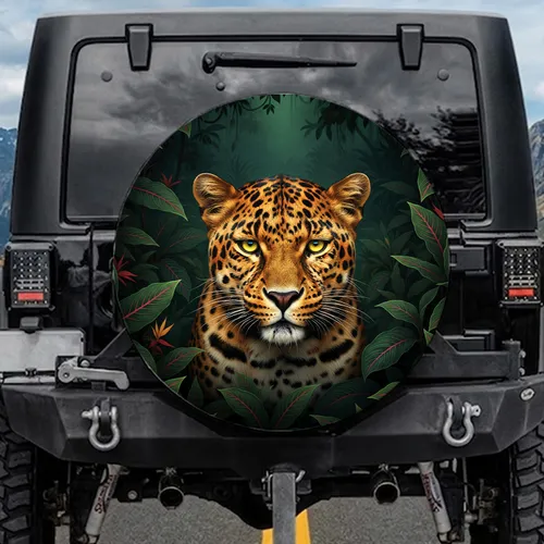 Vibrant Orange Leopard Head Tropical Jungle Foliage - Wildlife Lover Gift Spare Tire Cover