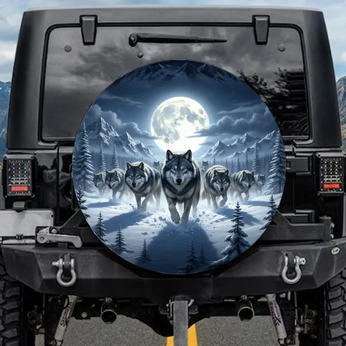 Grey Wolves Deep Snow Moonlit Night Mountain Wilderness - Wildlife Lover Gift Spare Tire Cover