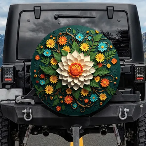White Dahlia Orange Center Daisy Flowers Green Leaves - Botanical Decor Gift Spare Tire Cover