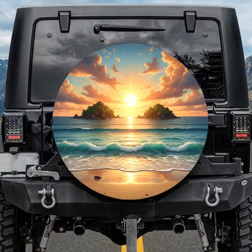 Golden Ocean Sunset Tropical Islands Beach - Vehicle Travel Gift Spare Tire Cover
