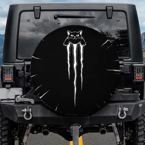 Black Background White Outline Cat Scratch Marks Car Accessory - Cat Lover Gift Spare Tire Cover