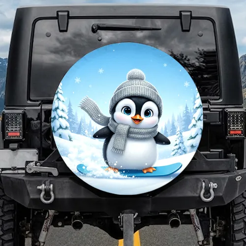 Plump Cartoon Baby Penguin Snowboard - Winter Wonderland Lover Gift Spare Tire Cover