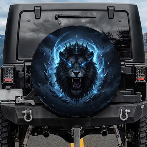 Ferocious Roaring Dark Lion Head with Crown, Electric Blue Eyes - Adventure Enthusiast Gift Spare Tire Cover