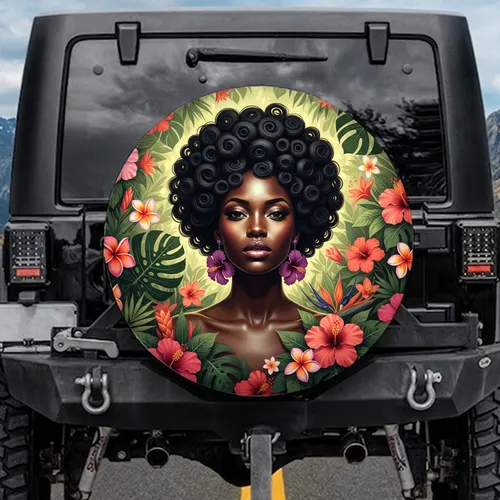 Woman Hibiscus Plumeria Tropical Foliage - Travel Essentials Spare Tire Cover