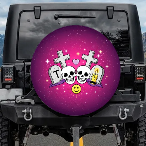 Smiling Face Grinning Skulls Gravestones - Fantasy Lover Car Decor Gift Spare Tire Cover