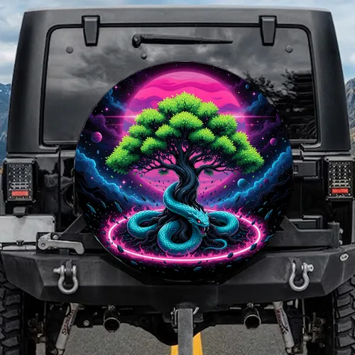 Gnarled Ancient Tree Turquoise Serpent Cosmic Celestial Body - Surreal Cosmic Lover Gift Spare Tire Cover