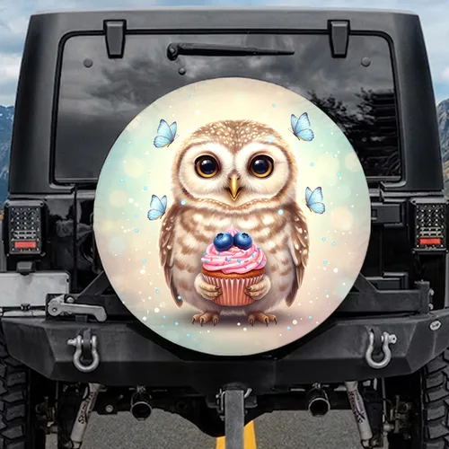 Baby Owl Pink Frosted Cupcake Blueberries Sprinkles Blue Butterflies - Animal Lover Gift Spare Tire Cover