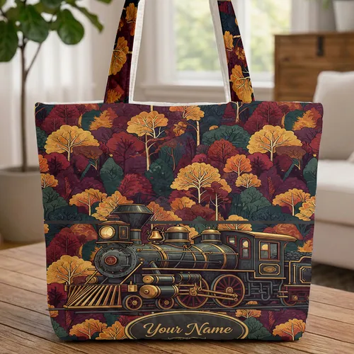 Ornate Vintage Steam Train Name Oval Deep Autumn Forest - Travel Essentials Journey Gift Quilted Tote Bag