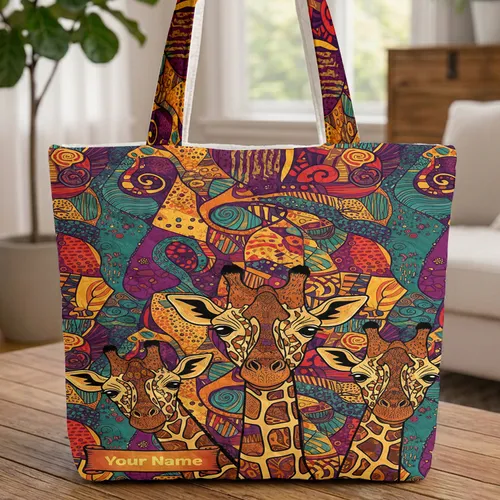 Giraffe Heads Mosaic Tribal Patchwork Personalized - Everyday Carry Gift Quilted Tote Bag