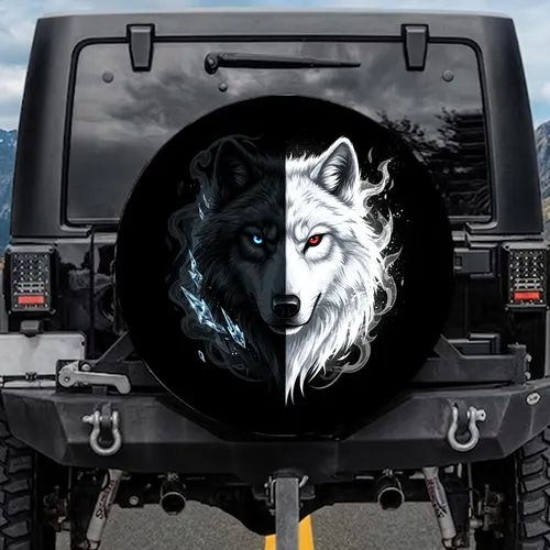 Duality Wolf Head Contrasting Fur Eye - Wildlife Lover Gift Spare Tire Cover