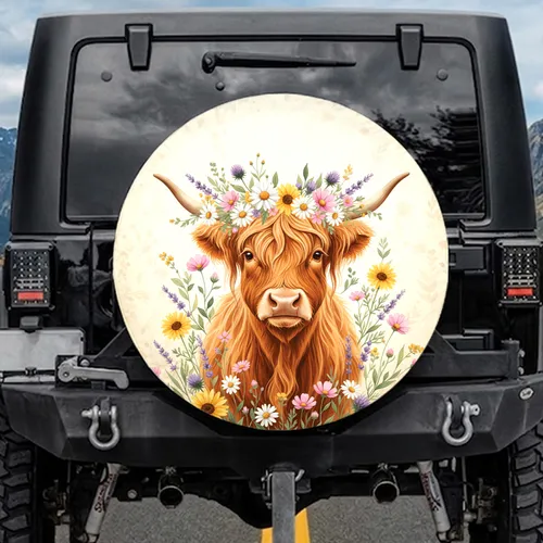Highland Cow Wildflower Meadow - Farmhouse Decor Gift for Cow Lover Spare Tire Cover
