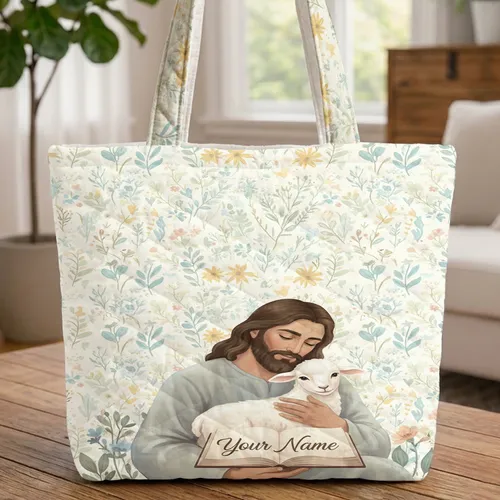 Bearded Man Lamb Embrace Wildflowers Open Book - Everyday Carry Gift Quilted Tote Bag