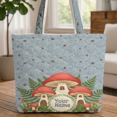 Mushroom Houses Fern Pinecone Floral Wreath Personalized - Everyday Carry Gift for Kids Quilted Tote Bag