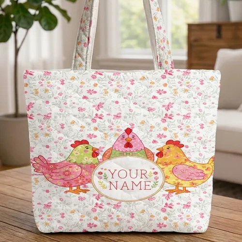 Personalized Patchwork Chickens Storybook Text Wildflower - Everyday Carry Gift Quilted Tote Bag