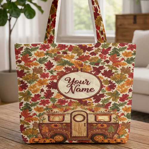 Personalized Vintage Camper Van Autumn Leaves Pumpkins - Travel Essentials Gift Quilted Tote Bag