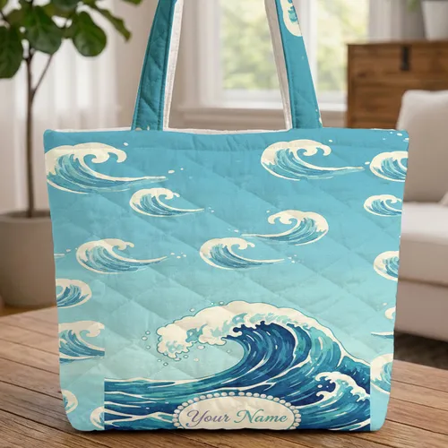 Seafoam Wavelets Cresting Ocean Wave Pearl Medallion - Everyday Carry Gift Quilted Tote Bag