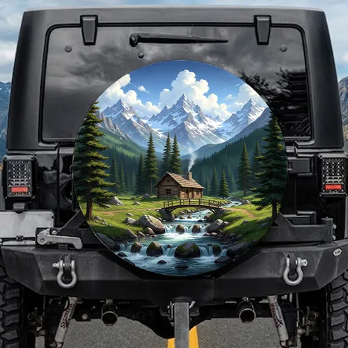 Rustic Log Cabin Mountain Stream Pine Forest Snow Peaks - Outdoor Adventure Decor Spare Tire Cover