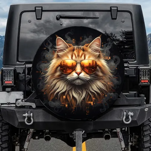 Majestic Long-Haired Cat Head Amber Aviator Sunglasses Dark Urban Glow - Cat Lover Gift Spare Tire Cover