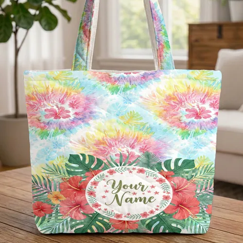 Tropical Hibiscus Palm Frond Rainbow Tie-Dye - Everyday Carry Gift Quilted Tote Bag