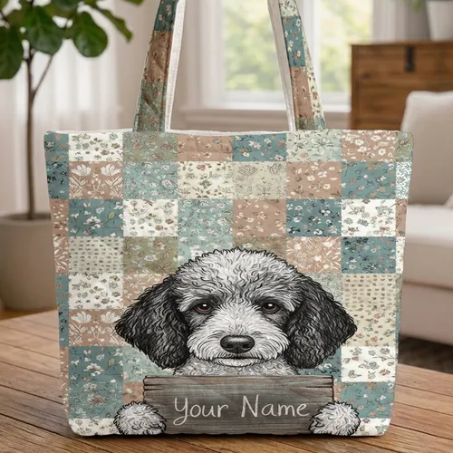 Poodle Dog Botanical Geometric Rustic Sign - Everyday Carry Travel Gift for Poodle Owners Quilted Tote Bag