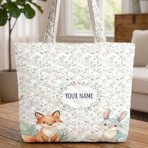 Fox Bunny Floral Wreath Custom Name - Everyday Carry Gift Quilted Tote Bag