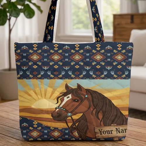 Majestic Horse Western Sunset Prairie Everyday Carry Gift for Horse Lover Quilted Tote Bag