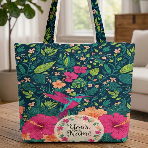 Tropical Hummingbird Hibiscus Floral Wreath - Personalized Everyday Carry Gift Quilted Tote Bag