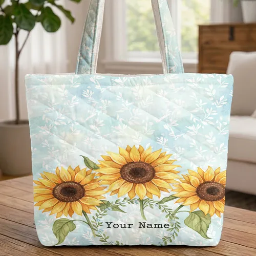 Ornate Sunflowers Blue Sky Floral Wreath Personalized Name - Everyday Carry Gift Quilted Tote Bag