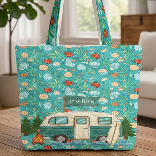 Camper Van Beach Campfire Ocean Waves Seashells Everyday Carry Gift for Travel Lover Quilted Tote Bag