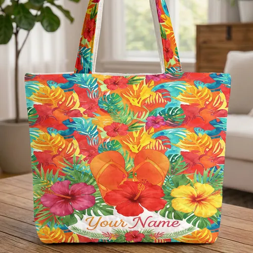 Flip Flops Hibiscus Flowers Tropical Foliage Ocean Waves Travel Essentials Quilted Tote Bag