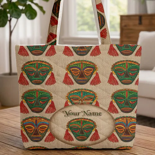 Embroidered African Tribal Masks Personalized Everyday Carry Gift Quilted Tote Bag