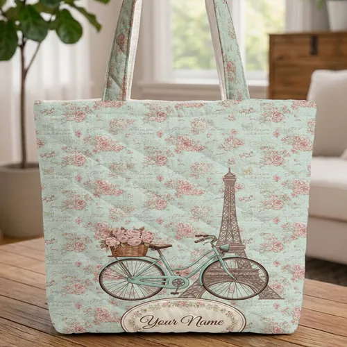 Vintage Light Blue Bicycle Eiffel Tower Blush Pink Roses Butterfly - Travel Essentials Quilted Tote Bag