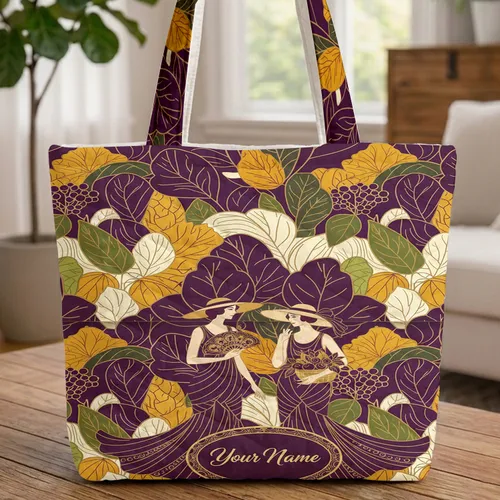 Autumn Leaves Berries Elegant Ladies Personalized Name Oval - Everyday Carry Gift Quilted Tote Bag