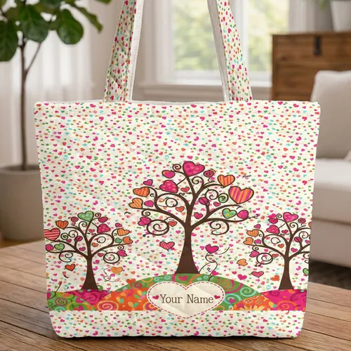 Ornate Love Trees Colorful Heart Leaves Personalized Text - Everyday Carry Gift Quilted Tote Bag