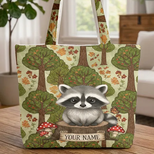 Baby Raccoon Toadstool Butterfly Forest Scene - Everyday Carry Gift for Raccoon Lover Quilted Tote Bag