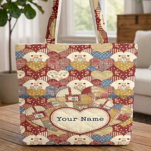 Homespun Folk Art Patchwork Hearts Personalized - Everyday Carry Gift Quilted Tote Bag