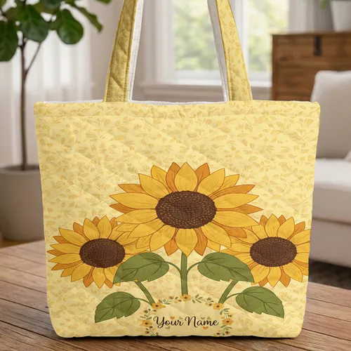 Personalized Sunflowers Floral Wreath Scattered Leaf - Market Day Gift Quilted Tote Bag