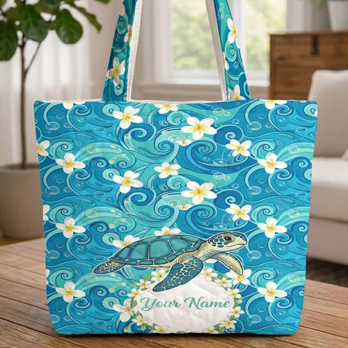 Personalized Sea Turtle Ocean Waves Plumeria - Everyday Carry Ocean Lover Gift Quilted Tote Bag