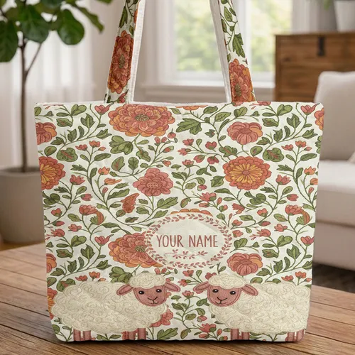 Botanical Vines Blooming Flowers Plush Sheep Floral Wreath Personalized Name - Everyday Carry Gift Quilted Tote Bag
