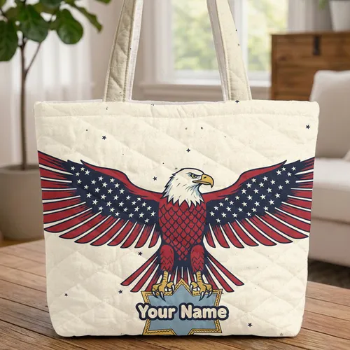 Bald Eagle American Flag Star - Patriotic Everyday Carry Gift for American Flag Lovers Quilted Tote Bag