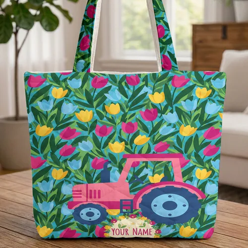Farm Tractor Tulips Floral Wreath Personalized Name - Everyday Carry Gift Quilted Tote Bag