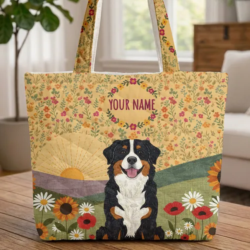 Bernese Mountain Dog Wildflower Meadow Floral Wreath Name - Everyday Carry Gift for Dog Lover Quilted Tote Bag