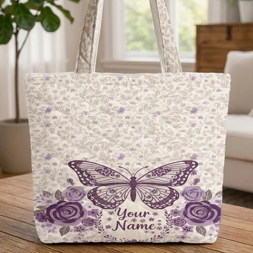 Purple Lilac Butterfly Fabric Roses Vines Leaves Floral Wreath - Everyday Carry Gift Quilted Tote Bag