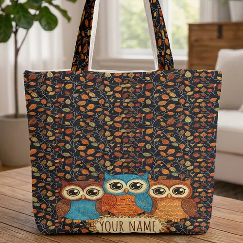 Three Closely Nestled Owls Autumn Leaves Branches - Everyday Carry Gift for Owl Lover Quilted Tote Bag