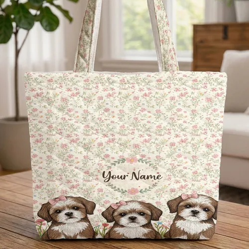 Shih Tzu Puppies Wildflower Field Everyday Carry Gift for Dog Mom Quilted Tote Bag
