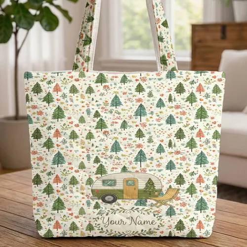 Vintage Camper Pine Trees Wildflowers - Travel Essentials Road Trip Gift Quilted Tote Bag