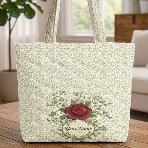 Ornate Rose Floral Medallion Scrolling Vines Wreath Buds Leaves - Everyday Carry Gift Quilted Tote Bag
