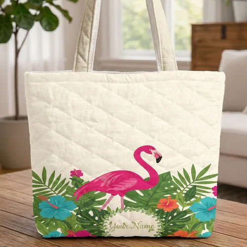 Pink Flamingo Tropical Foliage Hibiscus Personalized Name - Travel Essentials Gift Quilted Tote Bag